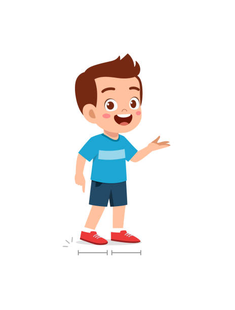 ilustrações, clipart, desenhos animados e ícones de menino bonito medir comprimento usando passo do pé - jarda
