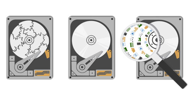 ilustrações de stock, clip art, desenhos animados e ícones de hard drive with data in magnifier and broken disk - white background inside of hard drive computer part