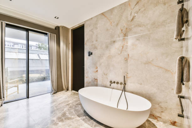 istock Attractive bathroom with oval bathtub 1375974638