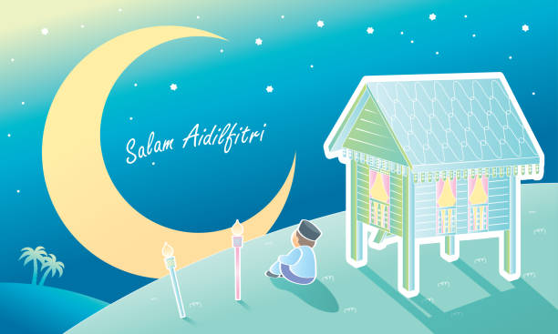 A Raya festival vector with serene village feels. The words "Salam Aidilfitri" means happy Hari Raya. hometown stock illustrations