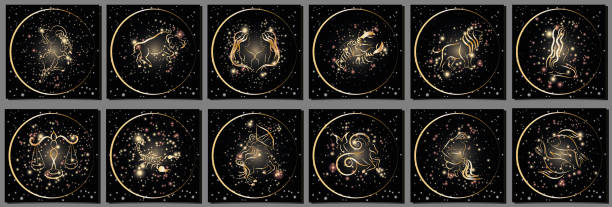 illustrations, cliparts, dessins animés et icônes de icônes des signes du zodiaque placées sur un fond sombre. icônes brillantes des constellations du zodiaque doré - signe du zodiaque chinois