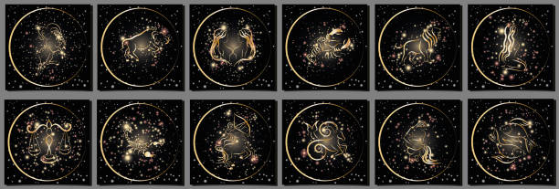 illustrazioni stock, clip art, cartoni animati e icone di tendenza di icone dei segni zodiacali impostate su sfondo scuro. icone delle costellazioni zodiacali dorate lucide - segno dello zodiaco cinese