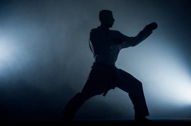 istock Two red and blue belt fighters training karate in gym 1376007972