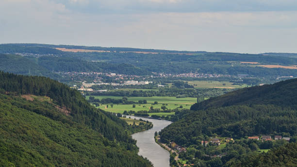Saarschleife view from tree top walk tower. A lookout tower in Saarland. Pure nature. Scenic a beautiful sight