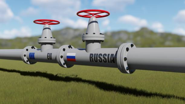 the gas pipeline with flags of russia and eu - gas pipe material pipe pipeline imagens e fotografias de stock