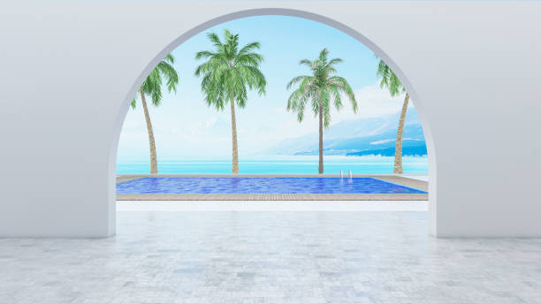 istock Palm Tree and Swimming Pool with Arch Gate Wall 1376024191