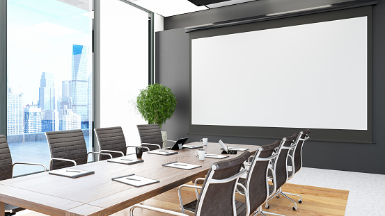 Modern contemporary meeting room interior with empty white board 3d render, There are wooden floor decorated white hidden light overlooking office space behind