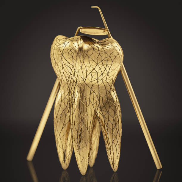 Golden Low Poly Tooth with Dentist Tools. 3d Render