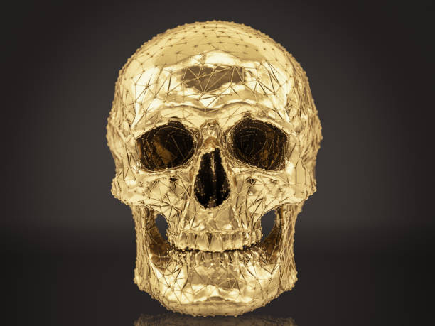 Golden Low Poly Skull on Black Background. 3d Render