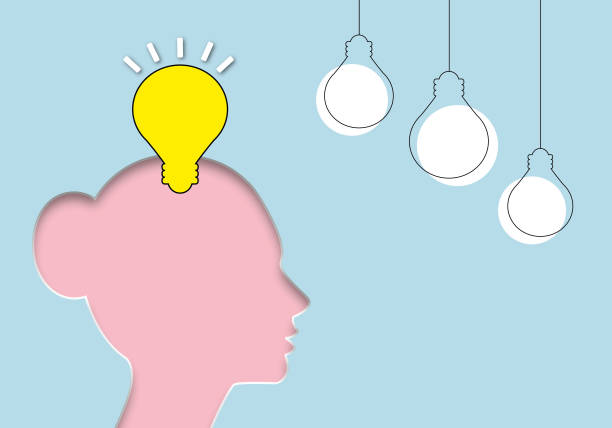 istock Yellow light bulbs with woman face on soft blue background, Ideas inspiration concepts of business finance. 1376026338