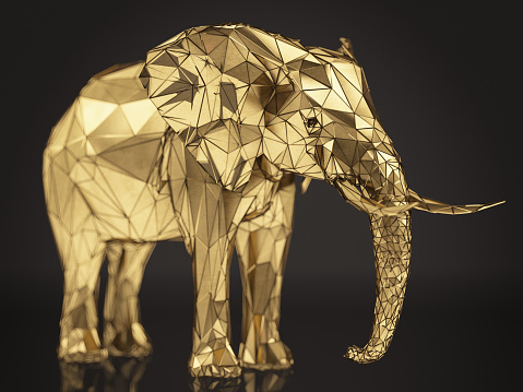 Golden Low Poly Elephant Design on Black Background. 3d Render