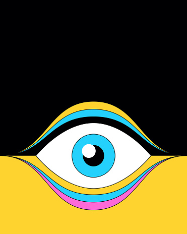 Vector illustration of a big human eye with bright colors and minimal design. Colors are global for easier editing and there’s copy space to add more details, designs or text.
