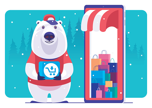 courier bear holding online shopping icon and standing beside smartphone
