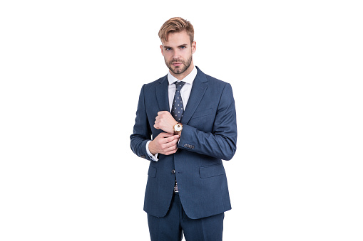 confident successful businessman in businesslike suit and wristwatch isolated on white, dress code.