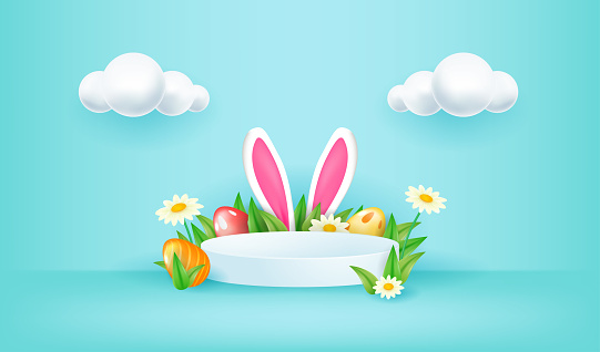 3D podium stage Easter display background vector illustration. Rabbit ears and Easter eggs in daisy meadow