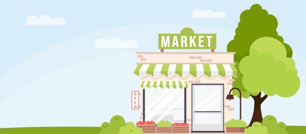 istock Cute cartoon market facade, sunny day, blue sky, green tree and shrubs. Flat style vector illustration. Eco, Vegetables, fruits, food shop. Isolated on white background. Building exterior 1376104046