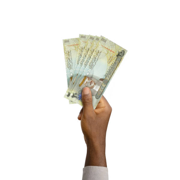 istock Black Hand holding 3D rendered 20 Bahrain Dinar notes isolated on white background 1376104181