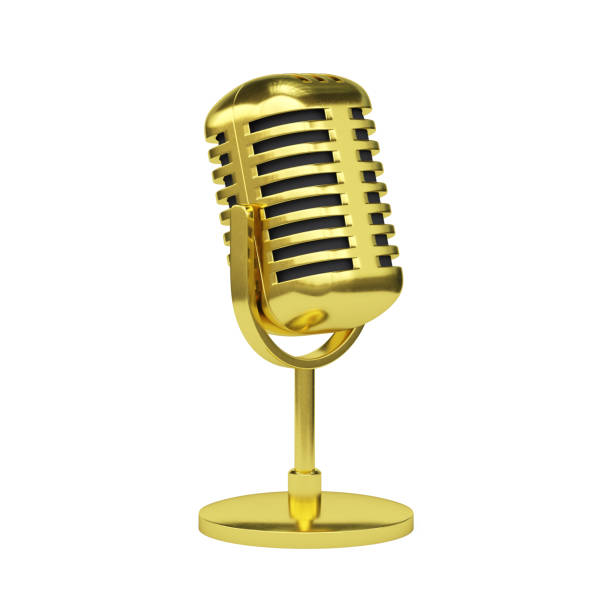 istock Golden radio microphone isolated on white background 3d rendering 1376104484