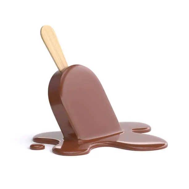 Photo of Chocolate ice cream on stick melting on white background 3d rendering