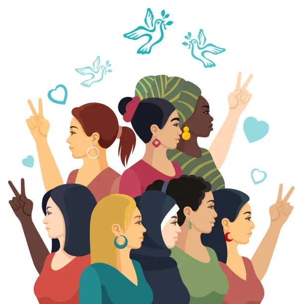 Vector illustration of Peace design. Concept of solidarity. Group of women.