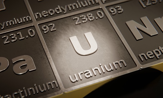 Highlight on chemical element Uranium in periodic table of elements. 3D rendering
