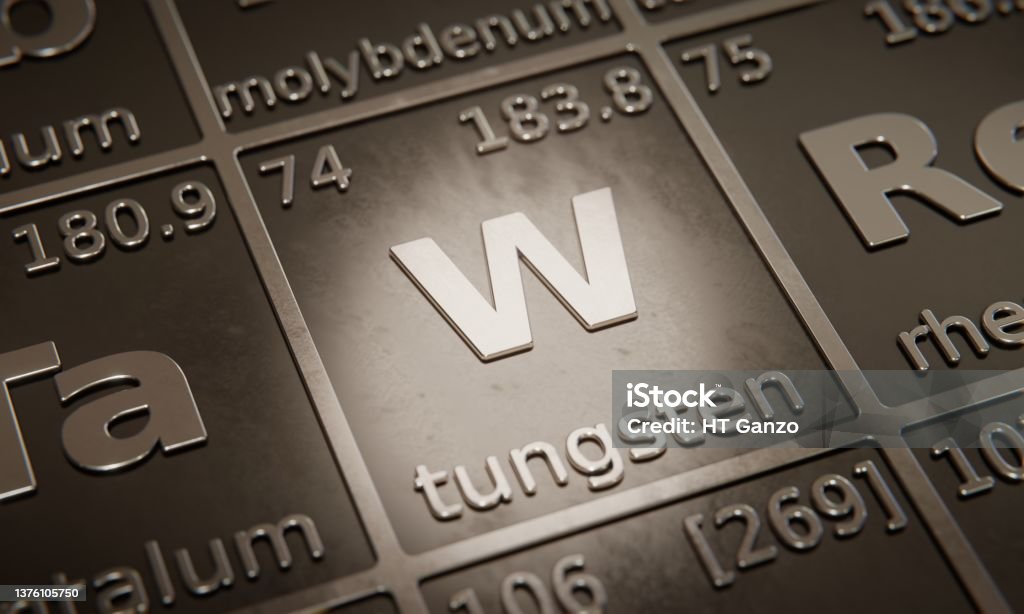 Highlight on chemical element Tungsten in periodic table of elements. 3D rendering Tungsten - Metal Stock Photo