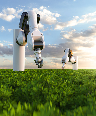 Futuristic robot arms cultivating crops and farming 3d render