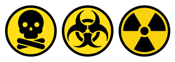 znak zagrożenia toksycznego, znak zagrożenia biologicznego i znak zagrożenia promieniowaniem - radiation protection suit biology danger biochemical warfare stock illustrations