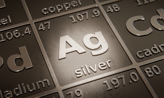Highlight on chemical element Silver in periodic table of elements. 3D rendering