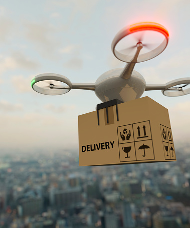 Futuristic drone delivering packages in a city 3d render