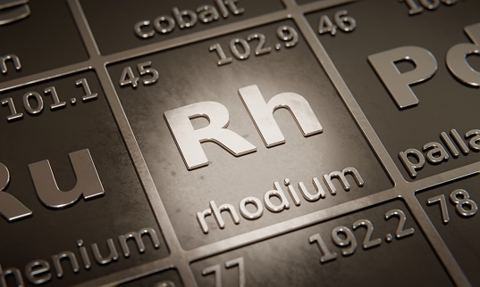Highlight on chemical element Rhodium in periodic table of elements. 3D rendering