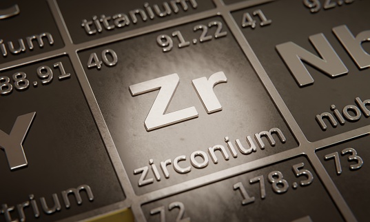 Highlight on chemical element Zirconium in periodic table of elements. 3D rendering