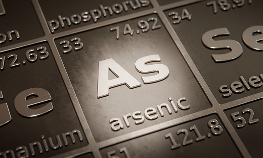 Highlight on chemical element Arsenic in periodic table of elements. 3D rendering