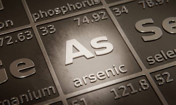 highlight on chemical element arsenic in periodic table of elements. 3d rendering - periodic table chemistry science molecule imagens e fotografias de stock