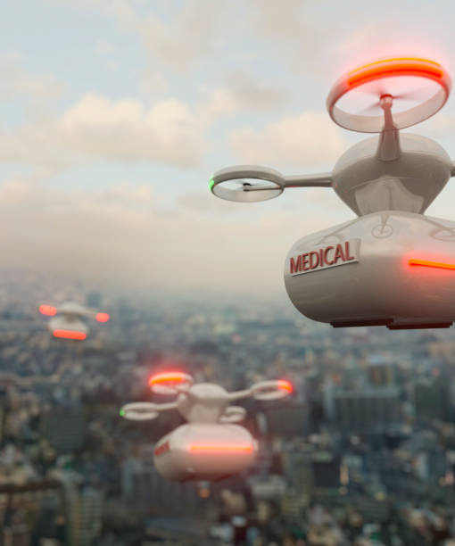 istock Medical drone over a city 3d render 1376107928