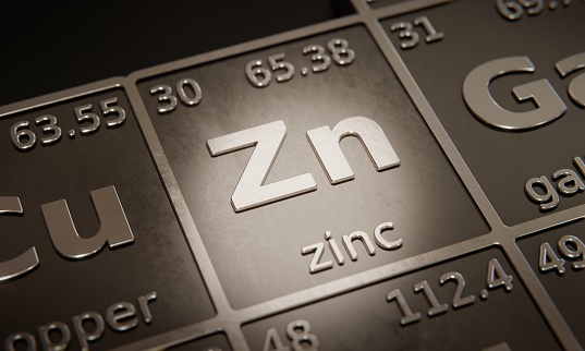 Highlight on chemical element Zinc in periodic table of elements. 3D rendering