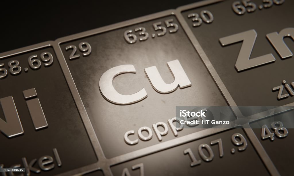 Highlight on chemical element Copper in periodic table of elements. 3D rendering Copper Stock Photo