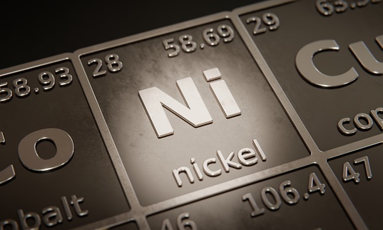 Highlight on chemical element Nickel in periodic table of elements. 3D rendering