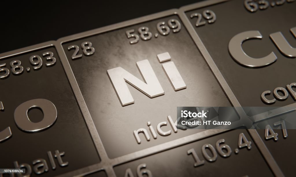 Highlight on chemical element Nickel in periodic table of elements. 3D rendering Nickel - Metal Stock Photo