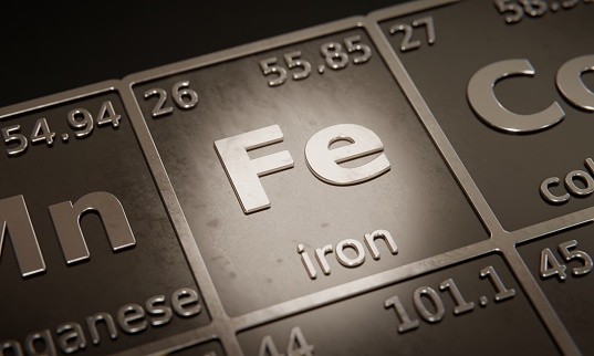 Highlight on chemical element Iron in periodic table of elements. 3D rendering