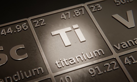 Highlight on chemical element Titanium in periodic table of elements. 3D rendering