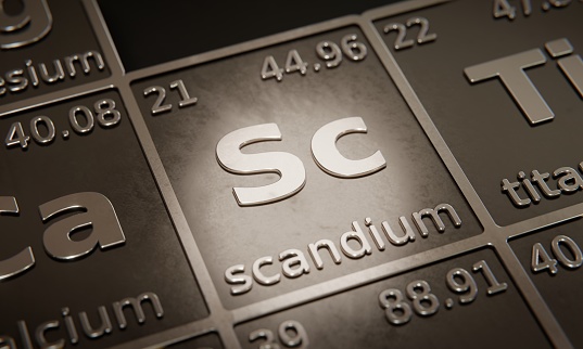 Highlight on chemical element Scandium in periodic table of elements. 3D rendering