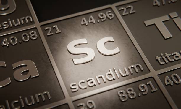 highlight on chemical element scandium in periodic table of elements. 3d rendering - scandium imagens e fotografias de stock