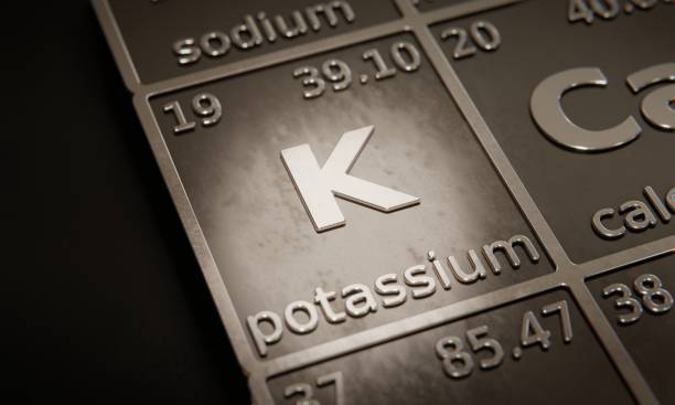 highlight on chemical element potassium in periodic table of elements. 3d rendering - periodic table chemistry science molecule imagens e fotografias de stock