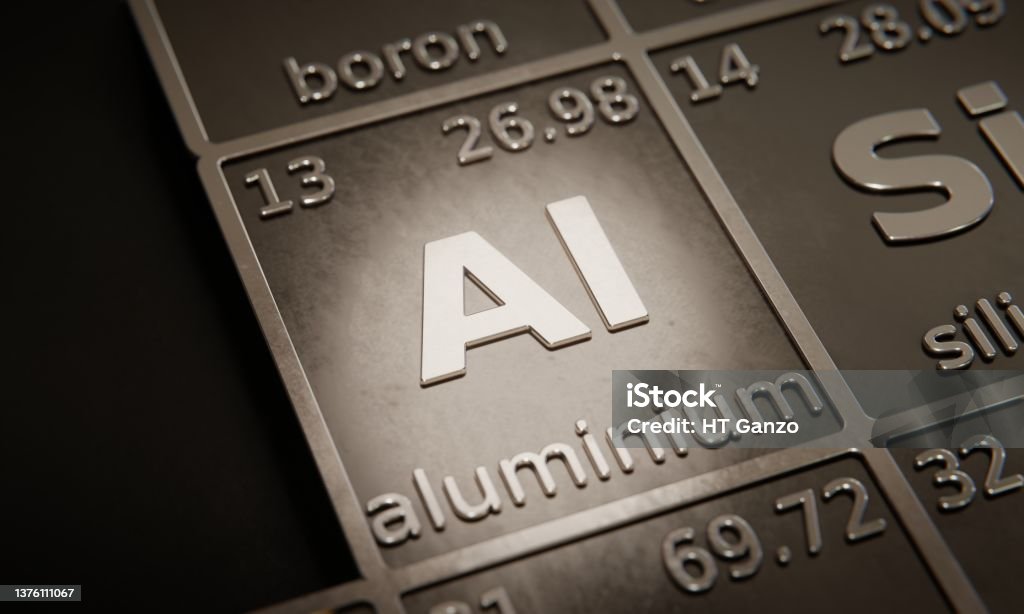 Highlight on chemical element Aluminium in periodic table of elements. 3D rendering Aluminum Stock Photo