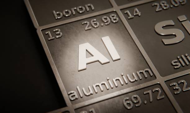 highlight on chemical element aluminium in periodic table of elements. 3d rendering - atom electron molecule molecular structure imagens e fotografias de stock
