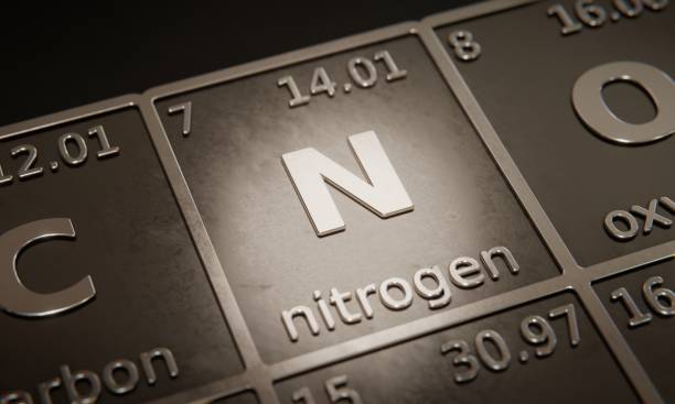 istock Highlight on chemical element Nitrogen in periodic table of elements. 3D rendering 1376112128