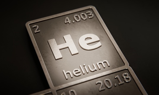 Highlight on chemical element Helium in periodic table of elements. 3D rendering