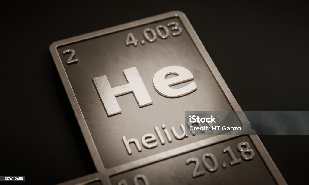 Highlight on chemical element Helium in periodic table of elements. 3D rendering Helium Stock Photo