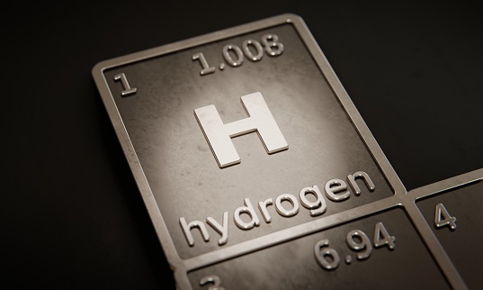 Highlight on chemical element Hydrogen in periodic table of elements. 3D rendering